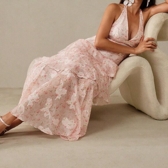 White Elegant Women's Romantic V-Neck Backless Floral Ruffle Dress - Picture 1 of 7